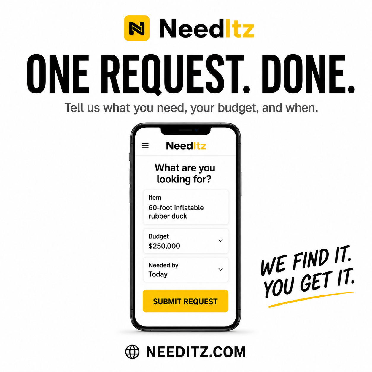 Needitz advertisement inviting users to submit large and hard-to-source purchase requests.